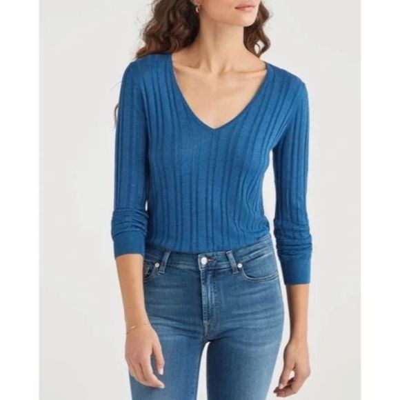 7 For All Mankind V-Neck Ribbed Long Sleeve Top Touch Of Cashmere Blue S NWT - Picture 7 of 7